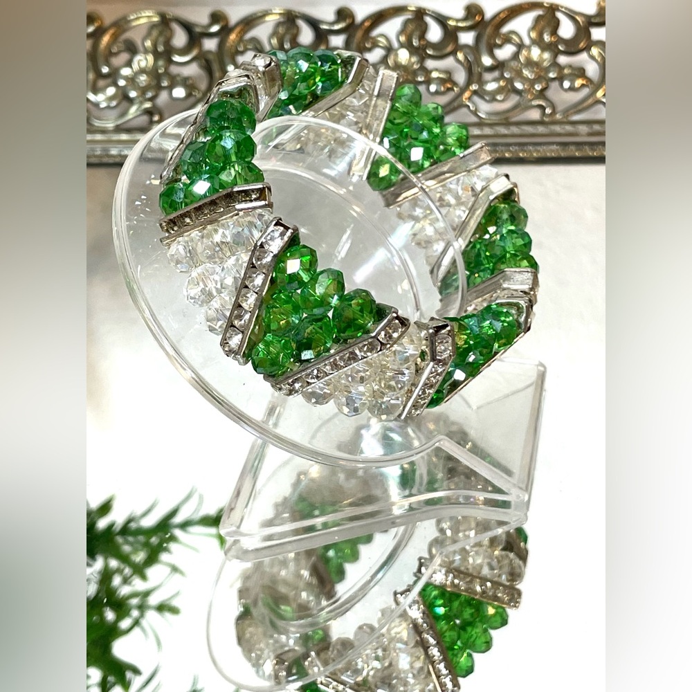 💥3/$50 Mid-Century-Modern Green & Clear Aurora Borealis Crystal Silver Bracelet